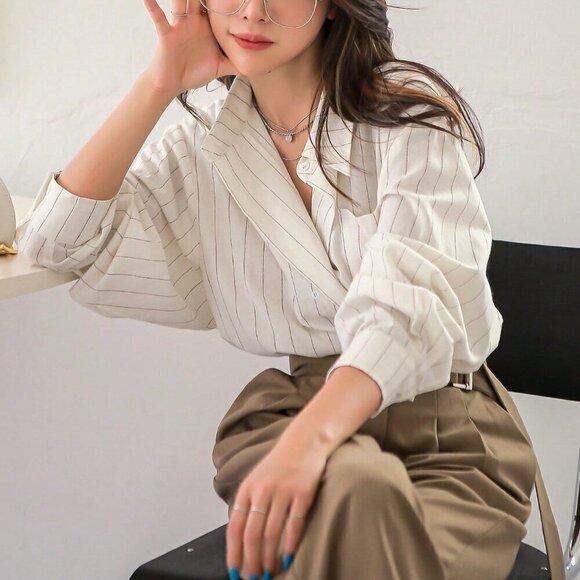 White Elegant Women's Striped Print Drop Shoulder Shirt - Picture 7 of 8